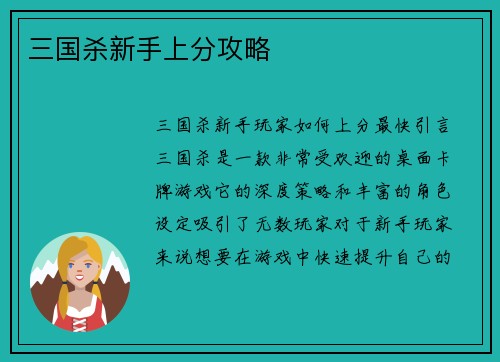 三国杀新手上分攻略