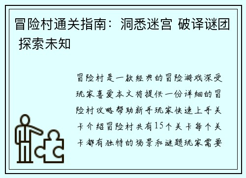 冒险村通关指南：洞悉迷宫 破译谜团 探索未知